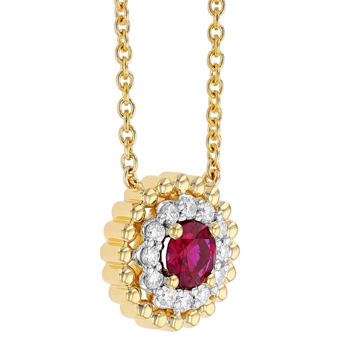 Round Ruby & Diamond Halo with Yellow Gold Bead Halo Pendant in Two Tone, 17