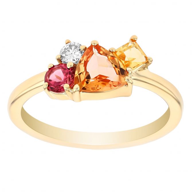 Orange Topaz, Tourmaline, Citrine & Diamond Multi Shape Cluster Ring in Yellow Gold
