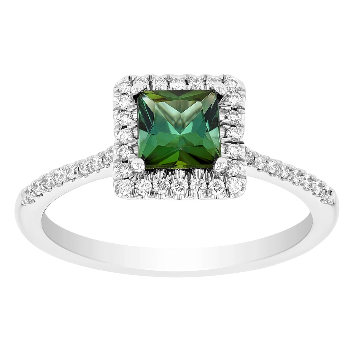 Princess Cut Green Tourmaline &amp; Diamond Halo Ring in White Gold | Borsheims