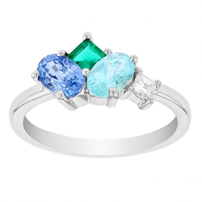 Paraiba Tourmaline, Sapphire, Emerald & Diamond Multi Shape Cluster Ring in White Gold