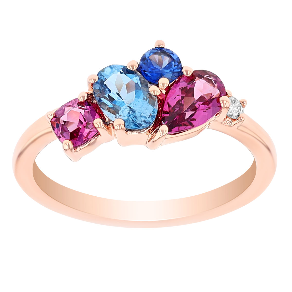 Aquamarine, Garnet, Sapphire & Diamond Multi Shape Cluster Ring in Rose Gold