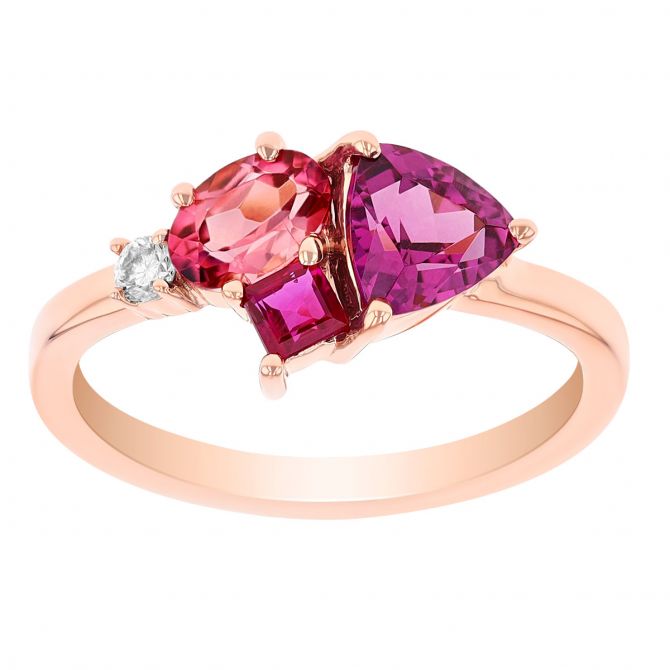 Garnet, Tourmaline, Ruby & Diamond Multi Shape Cluster Ring in Rose Gold