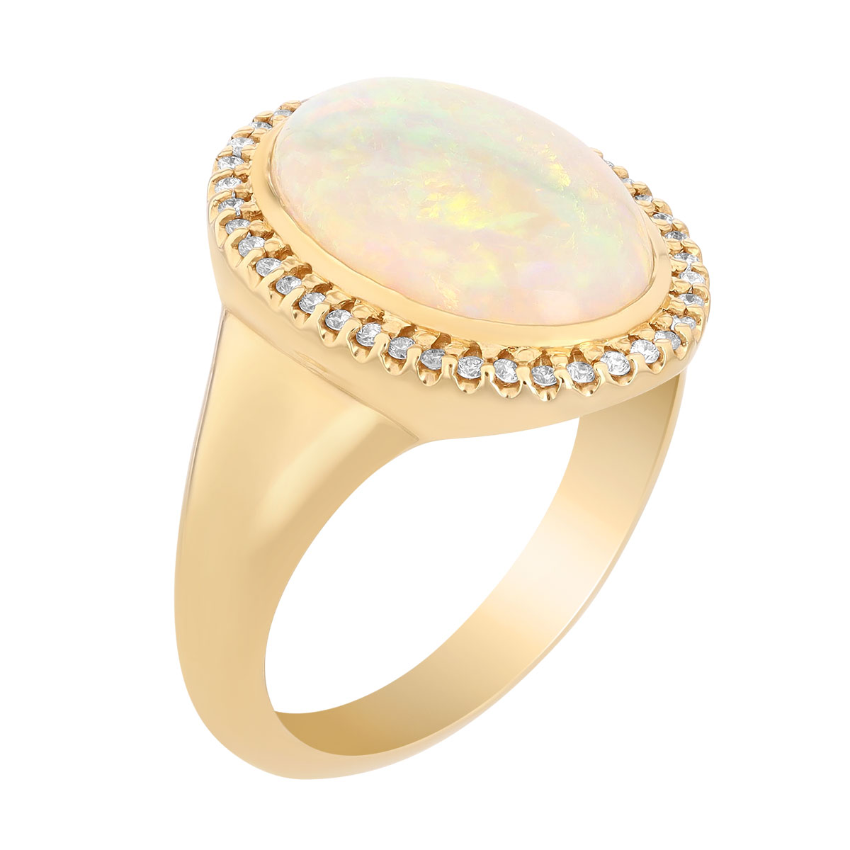 Oval Opal & Diamond Halo Cocktail Ring in Yellow Gold