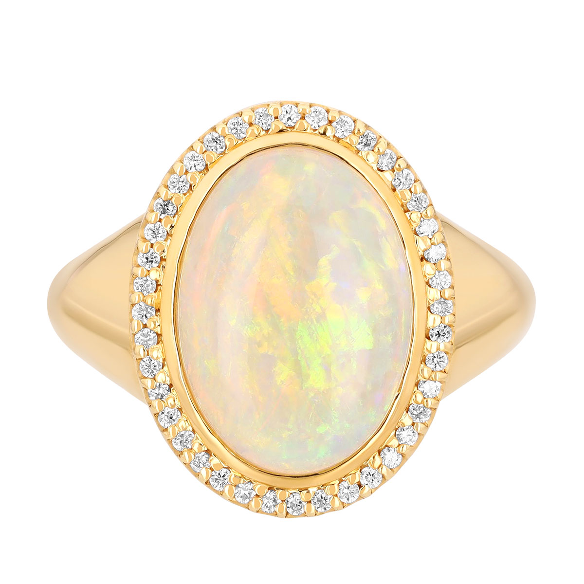 Oval Opal & Diamond Halo Cocktail Ring in Yellow Gold