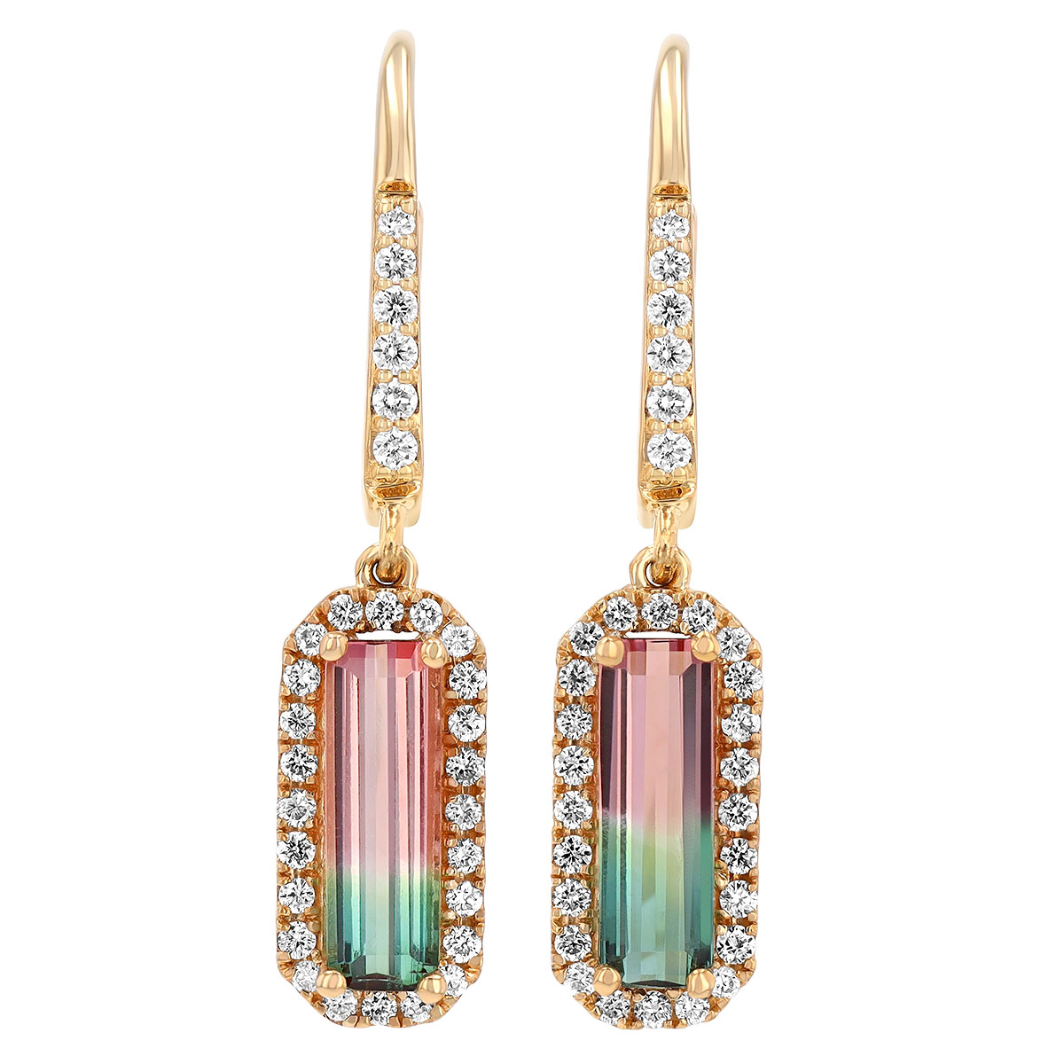 Emerald Cut Watermelon Tourmaline & Diamond Halo Dangle Hoop Earrings in Yellow Gold