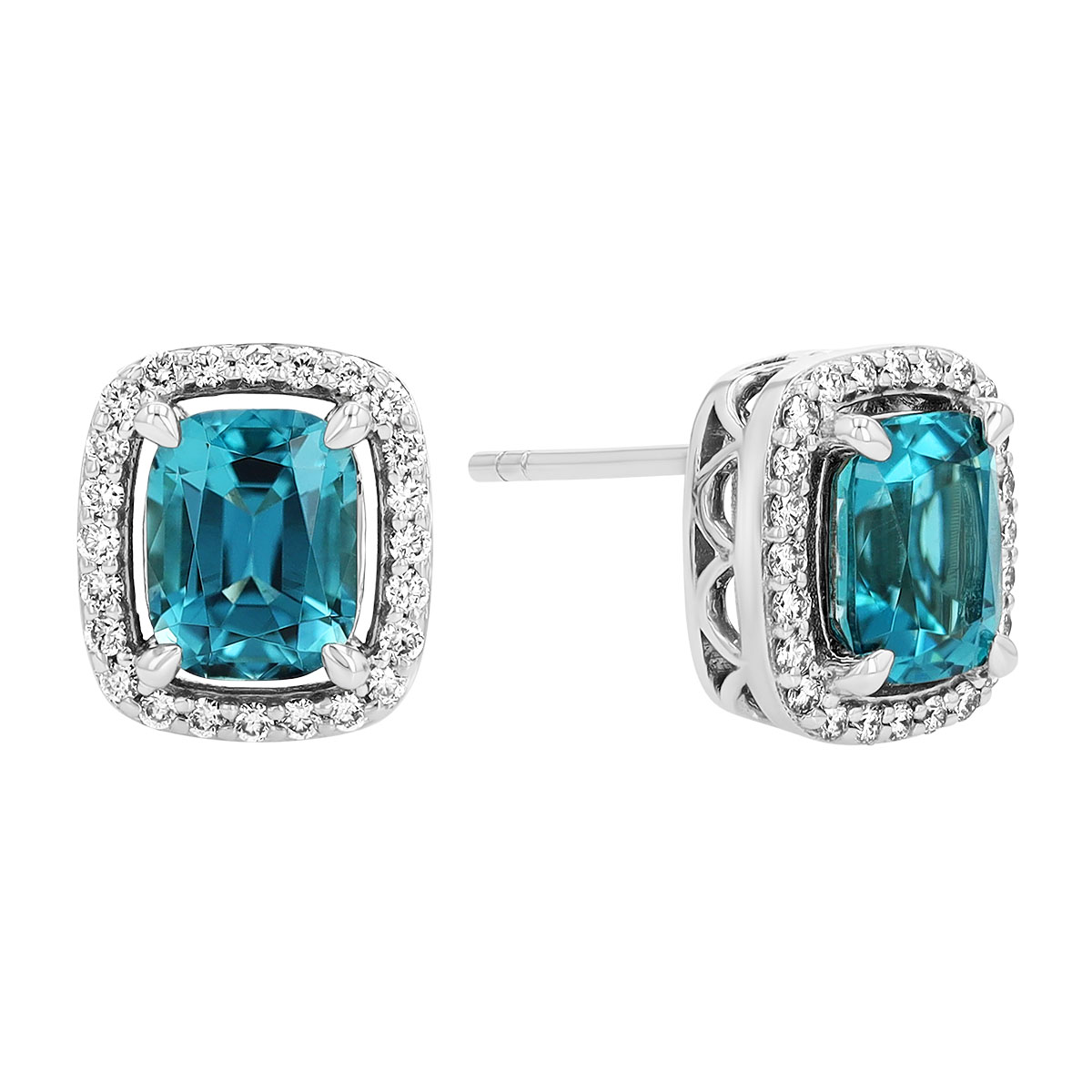 Cushion Cut Blue Tourmaline & Diamond Halo Stud Earrings in White Gold