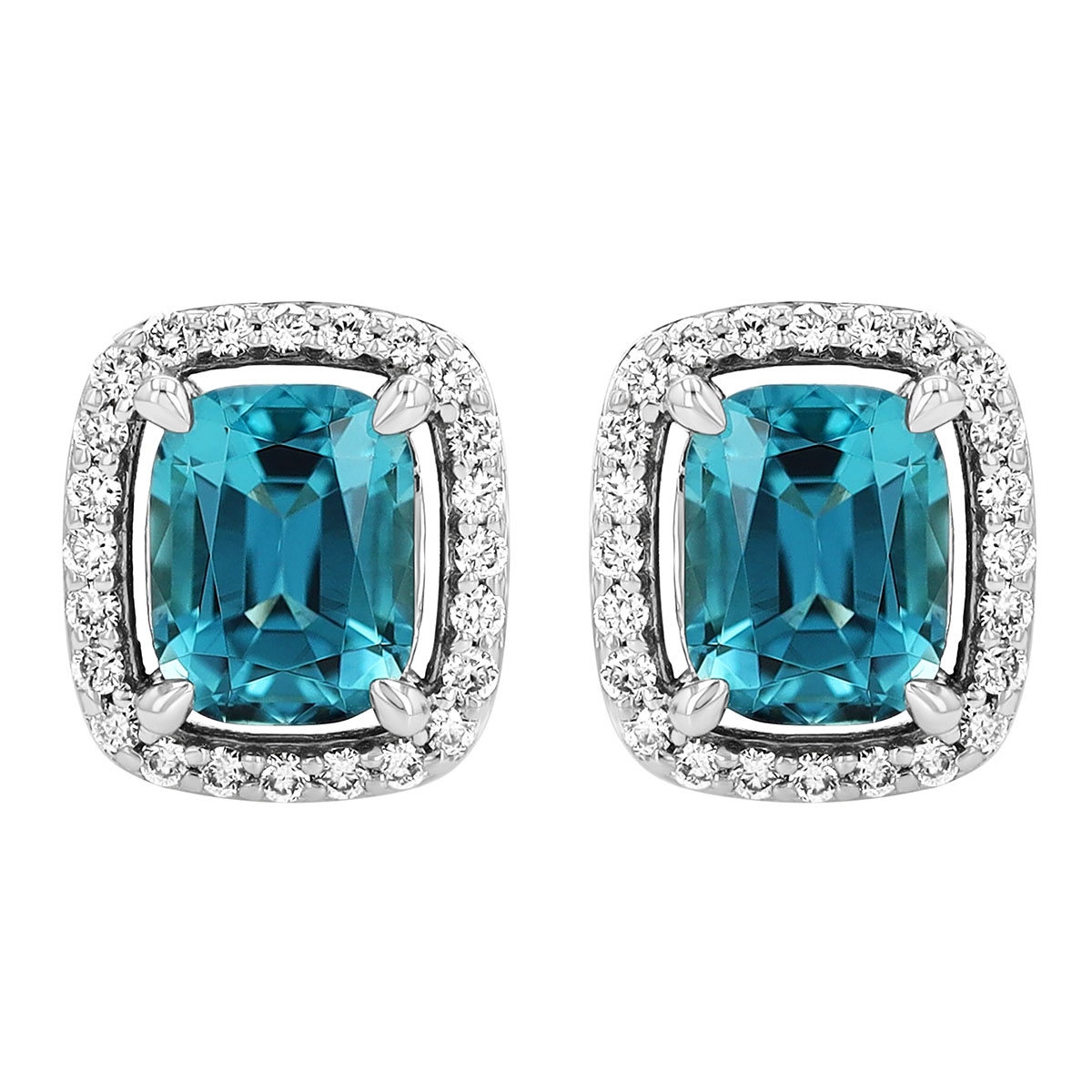 Cushion Cut Blue Tourmaline & Diamond Halo Stud Earrings in White Gold