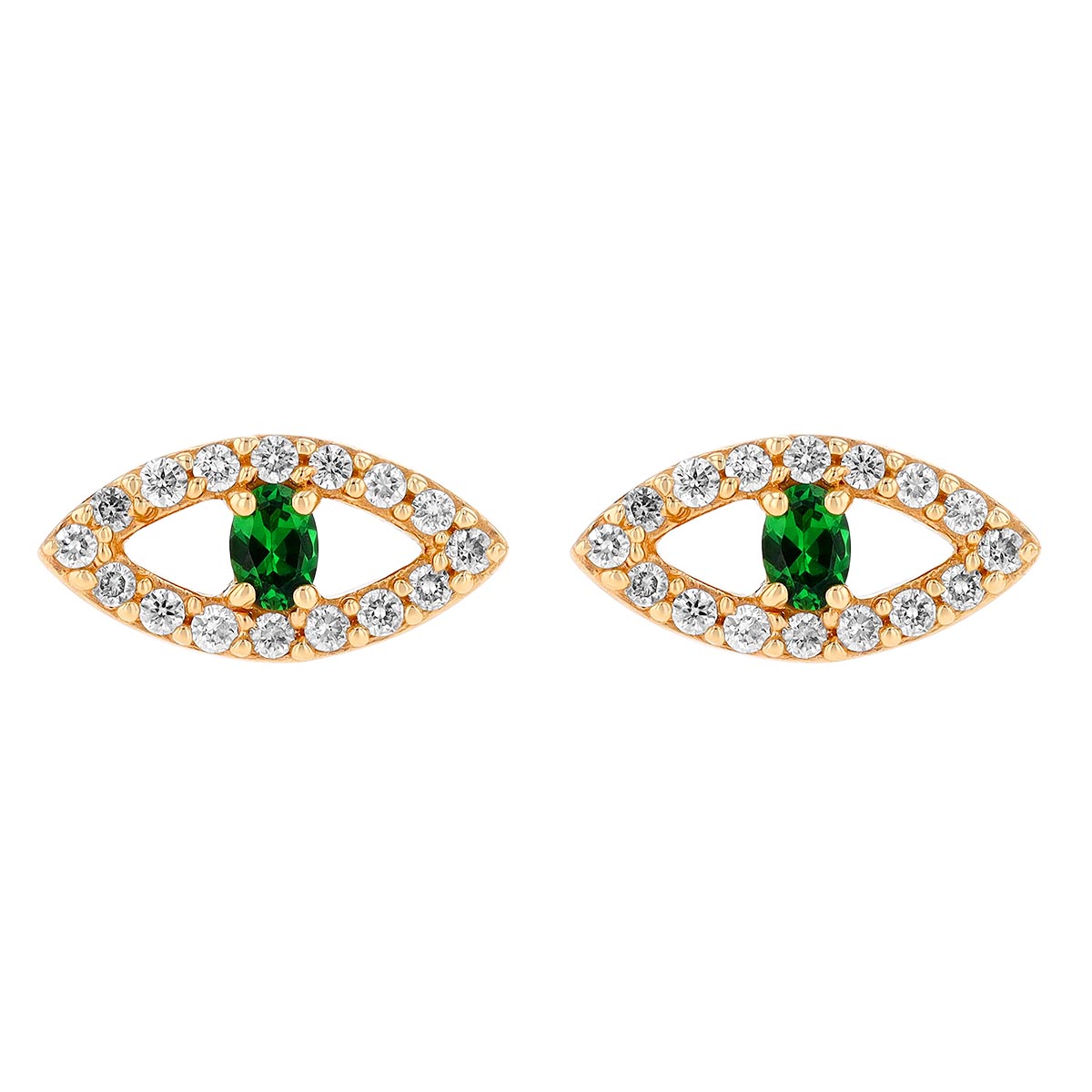 Oval Tsavorite Garnet & Diamond Halo Eye Stud Earrings in Yellow Gold