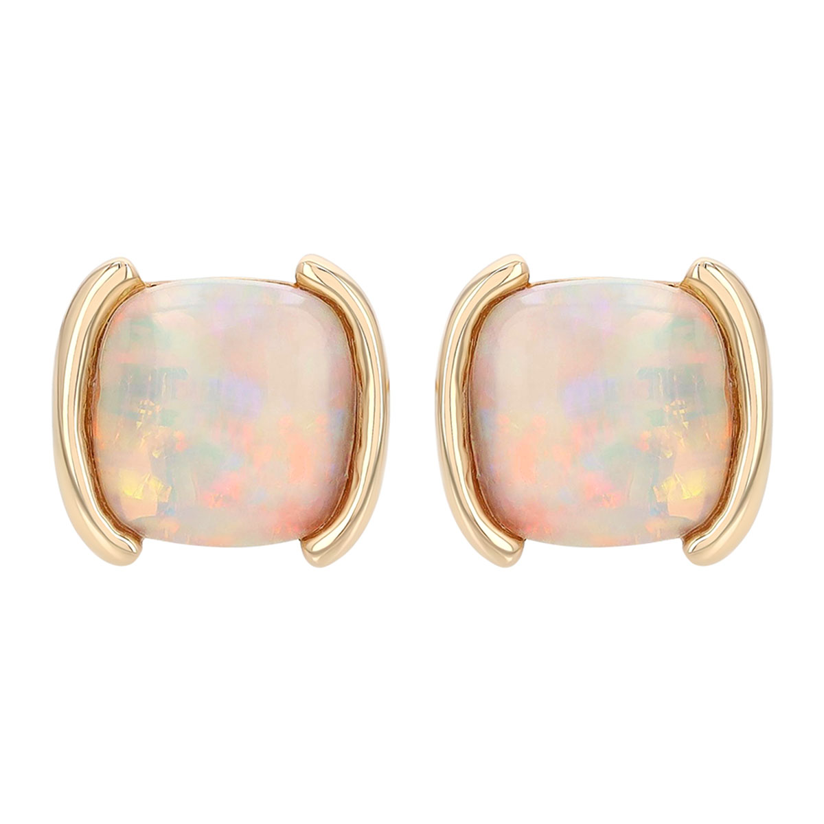 Cushion Cabochon Opal Half Bezel Stud Earrings in Yellow Gold