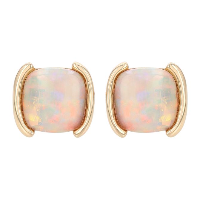 Cushion Cabochon Opal Half Bezel Stud Earrings in Yellow Gold