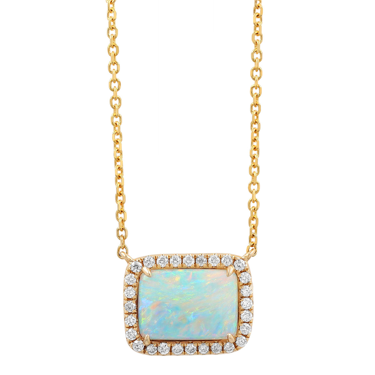 Rectangular White Opal & Diamond Halo Necklace in Yellow Gold