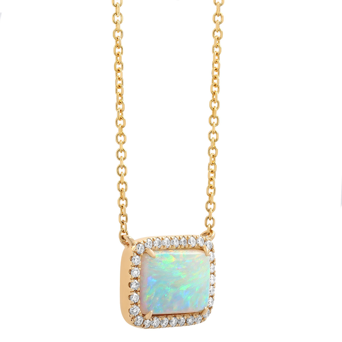 Rectangular White Opal & Diamond Halo Necklace in Yellow Gold