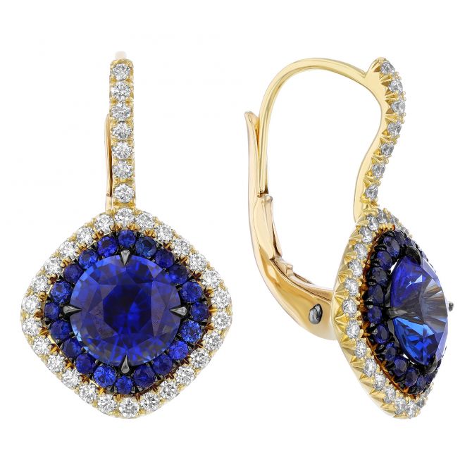 Omi Prive Sapphire & Diamond Double Cushion Halo Drop Earrings in Yellow Gold