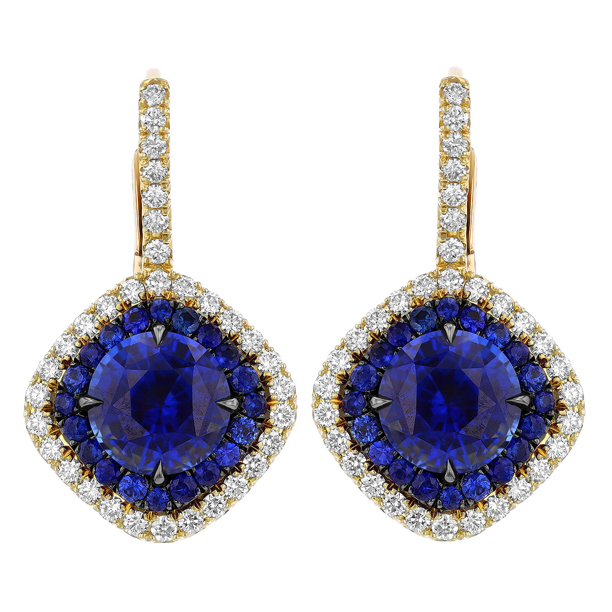 Omi Prive Sapphire & Diamond Double Cushion Halo Drop Earrings in Yellow Gold