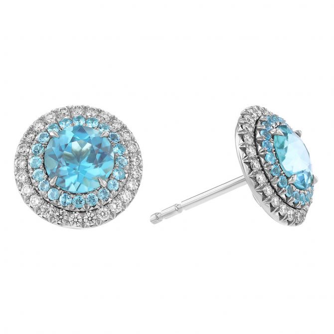 Omi Prive Paraiba Tourmaline & Diamond Double Halo Round Stud Earrings in Platinum