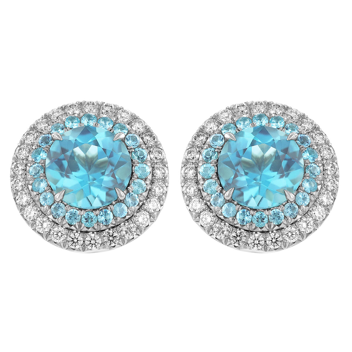 Omi Prive Paraiba Tourmaline & Diamond Double Halo Round Stud Earrings in Platinum