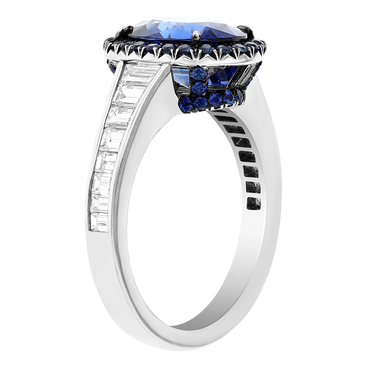 Omi Prive Oval Sapphire Halo Ring with Channel Set Baguette Diamonds in Platinum