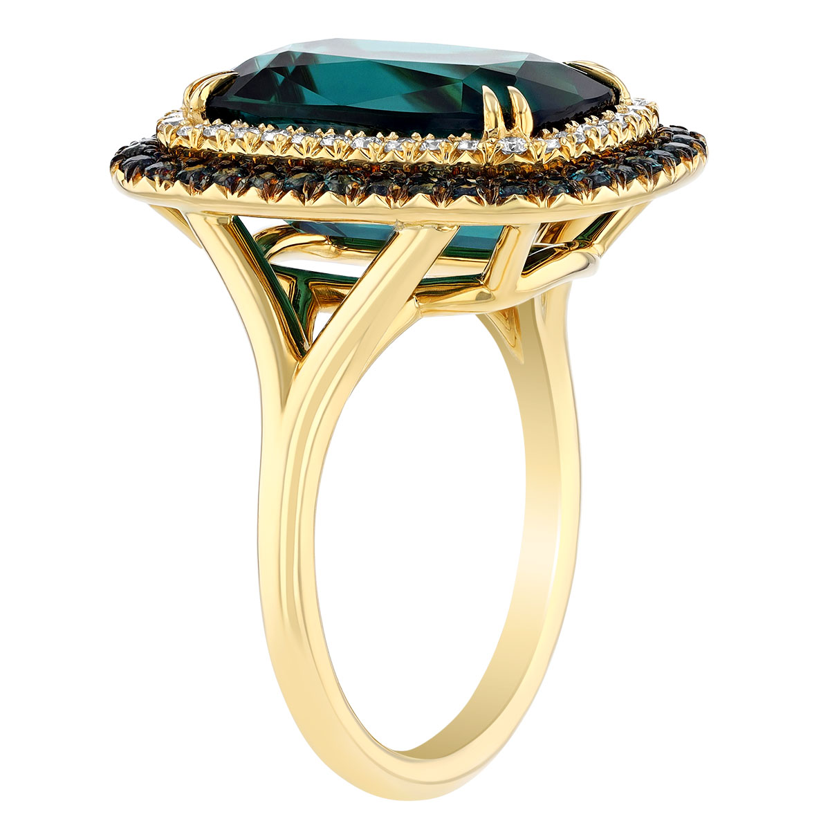 Omi Prive Indicolite Tourmaline Ring with Alexandrite & Diamond Double Halo in Yellow Gold