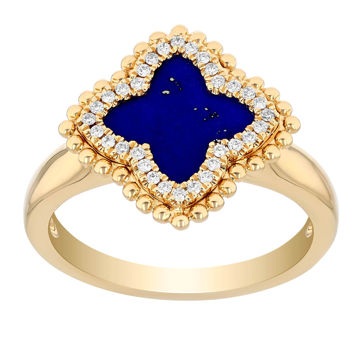 Doves Lapis Lazuli Quatrefoil Ring with Diamond & Milgrain Bead Halo in Yellow Gold