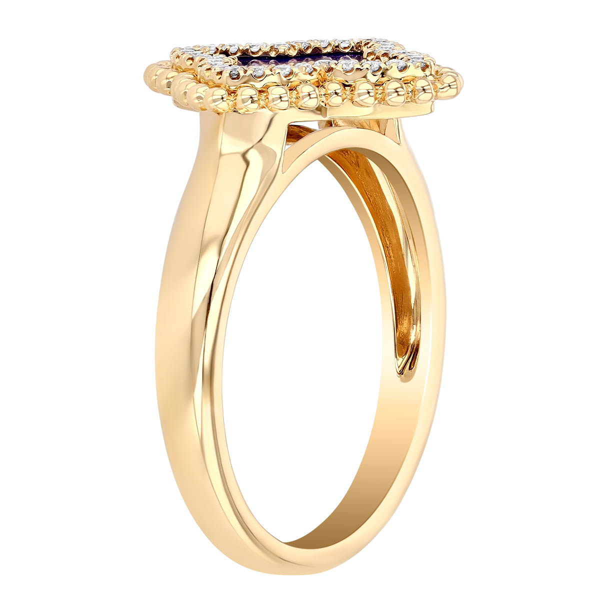 Doves Lapis Lazuli Quatrefoil Ring with Diamond & Milgrain Bead Halo in Yellow Gold