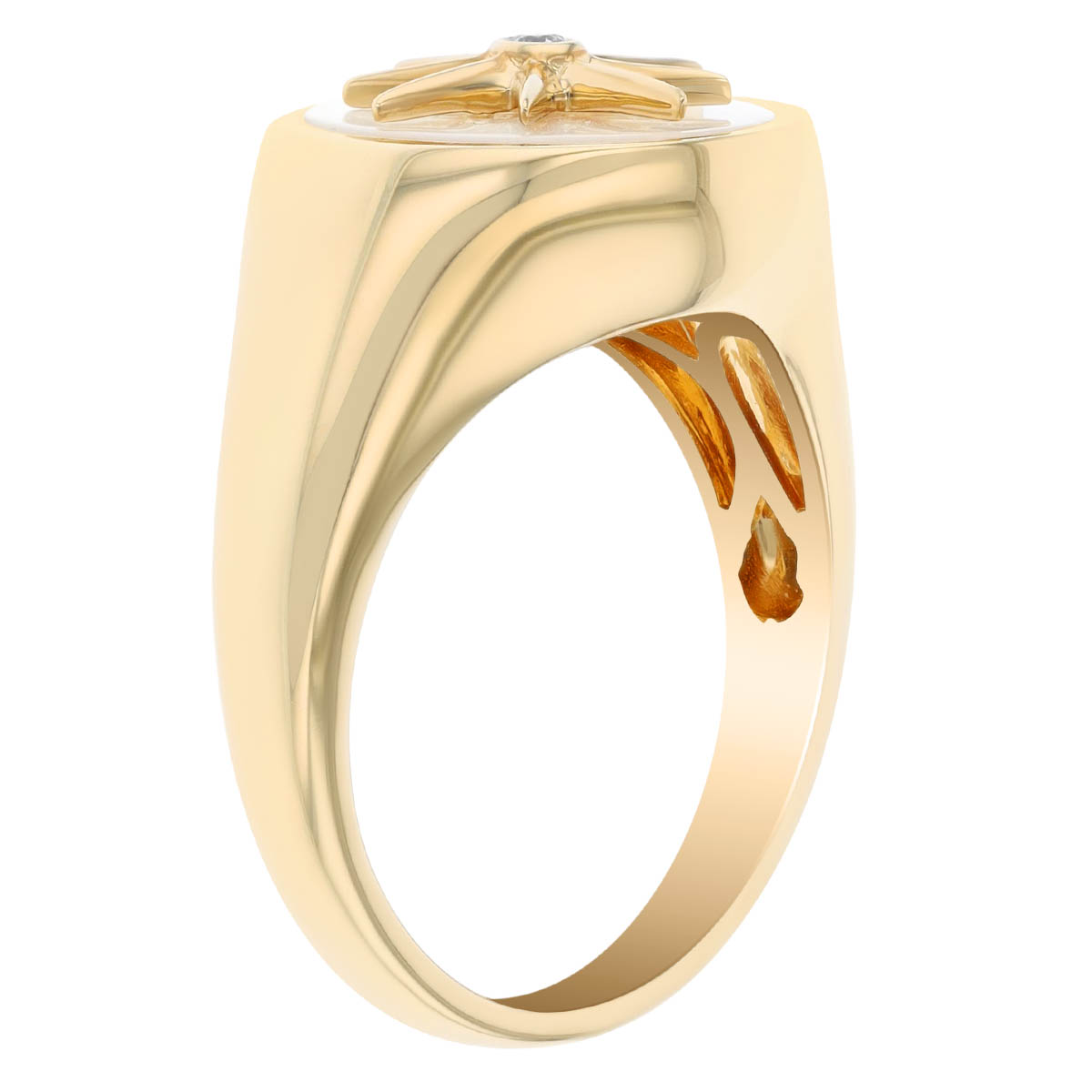 Doves Mother of Pearl & Diamond Starburst Signet Ring in Yellow Gold