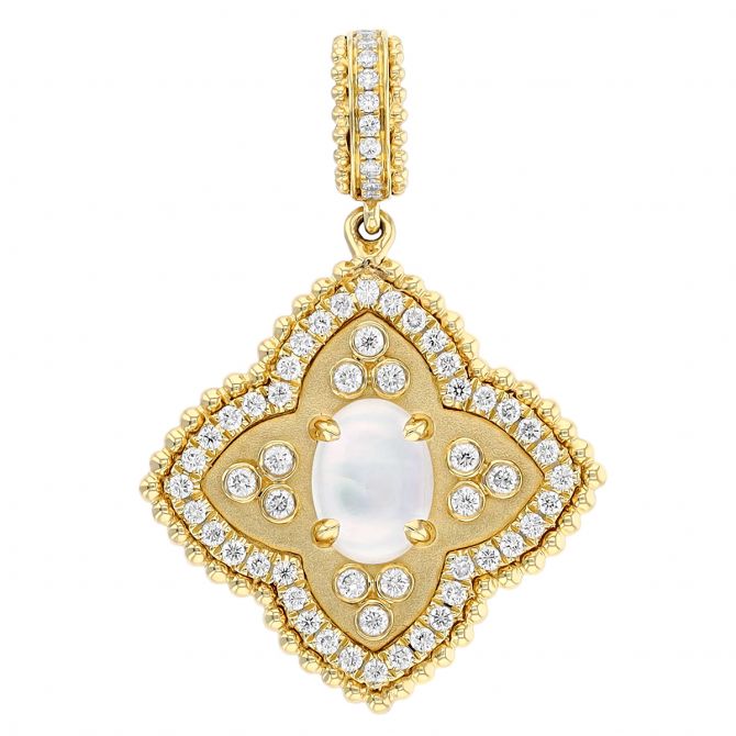 Doves Mother of Pearl & Diamond Quatrefoil Pendant Charm in Yellow Gold