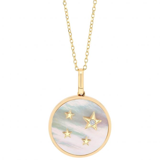 Doves Mother of Pearl & Diamond Stars Disc Pendant in Yellow Gold