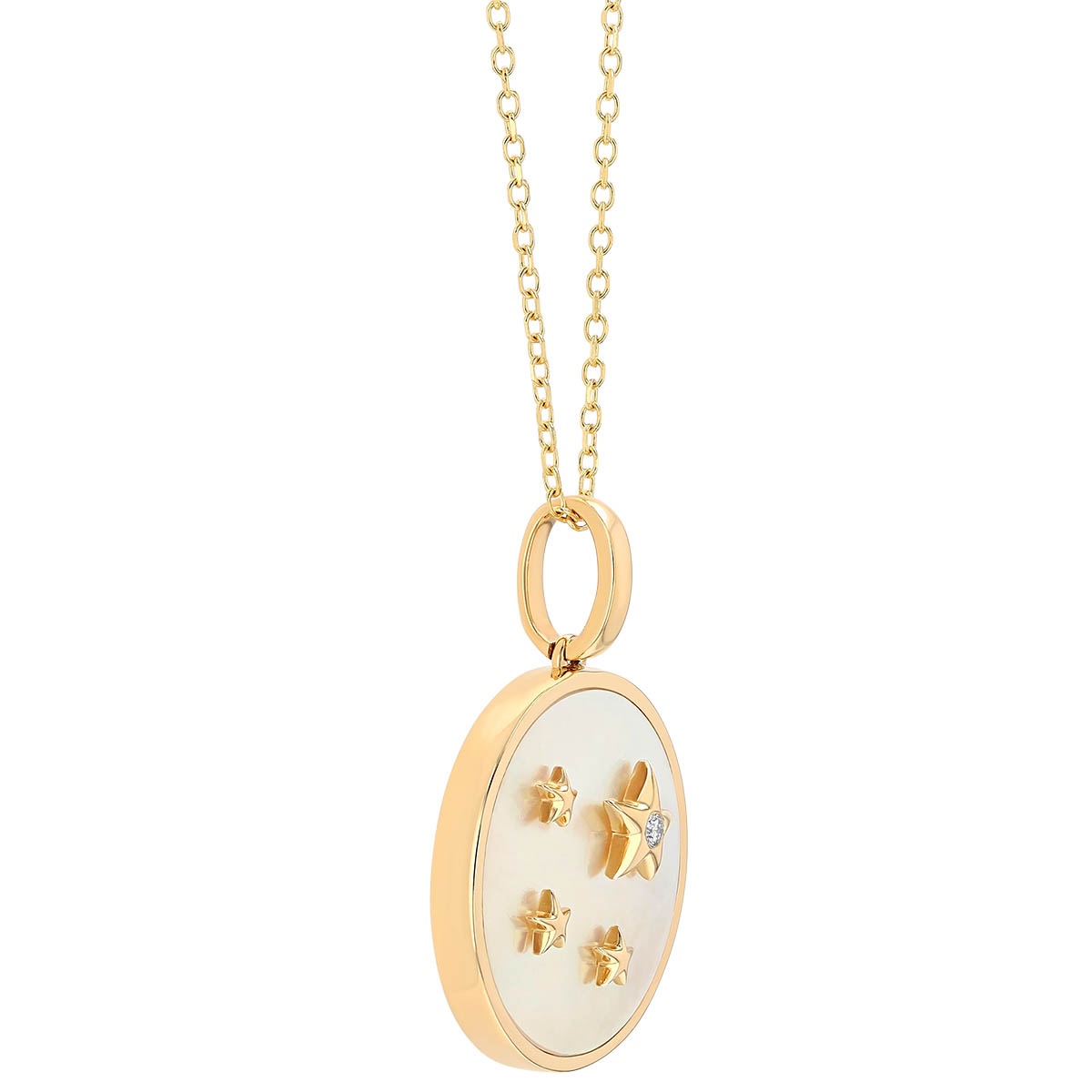 Doves Mother of Pearl & Diamond Stars Disc Pendant in Yellow Gold