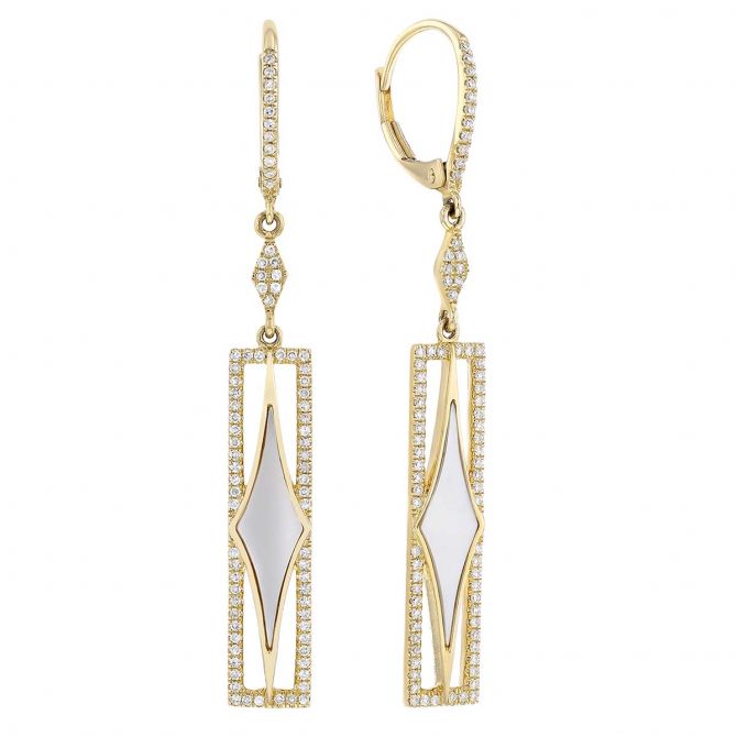 Doves Mother of Pearl & Diamond Rectangular Dangle Hoop Earrings in Yellow Gold