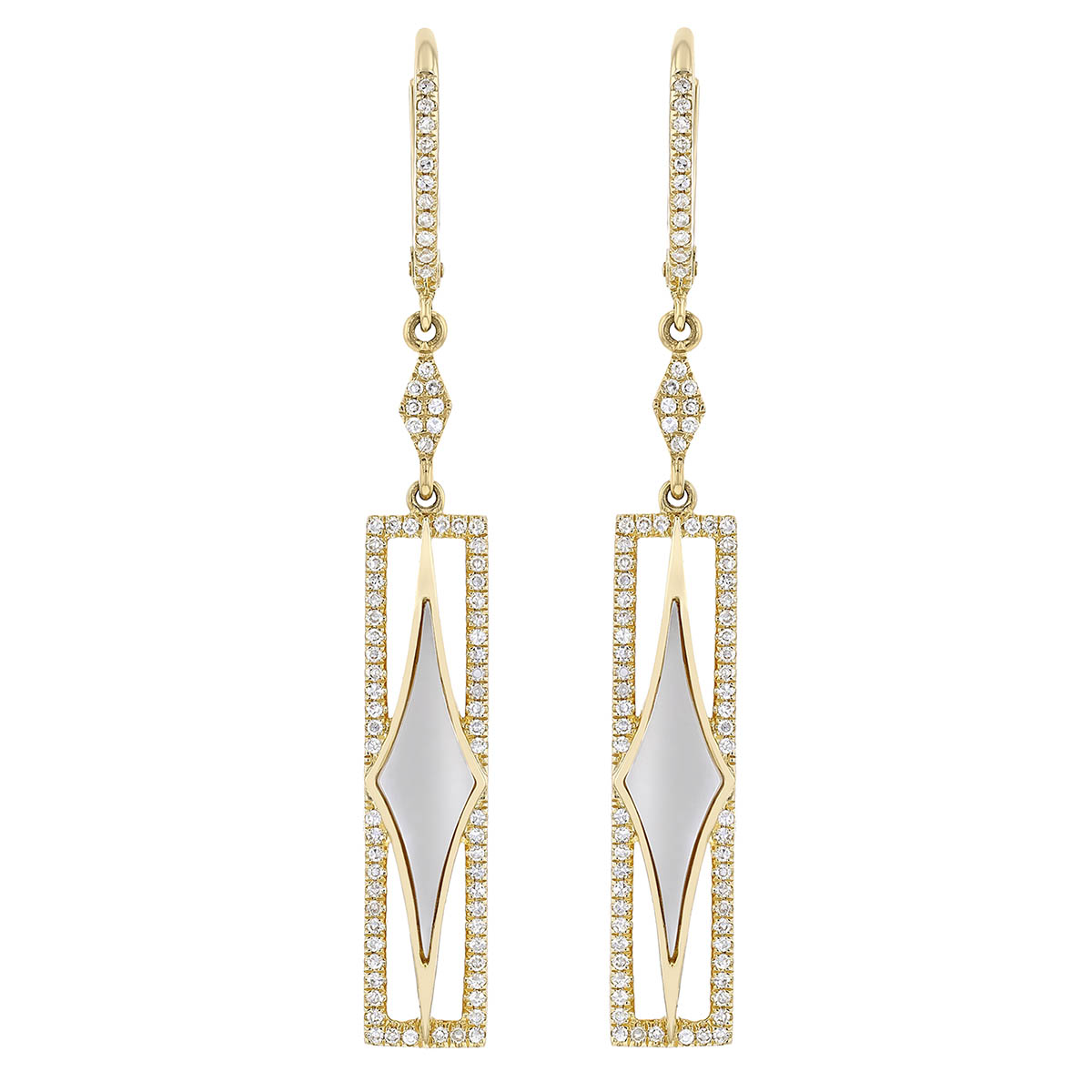 Doves Mother of Pearl & Diamond Rectangular Dangle Hoop Earrings in Yellow Gold
