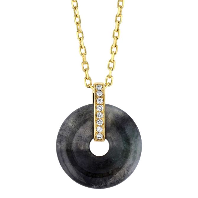 Frederic Sage Grey Jade Circle & Diamond Bail Pendant in Yellow Gold, 18"