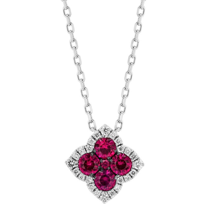 Frederic Sage Fleur D'Amour Ruby Tiara Quatrefoil Necklace in White Gold, 18"