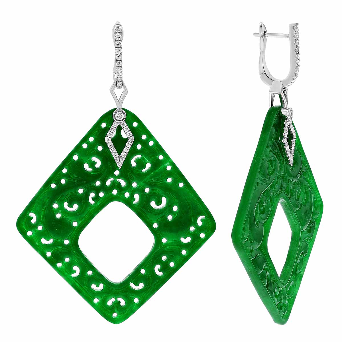 Frederic Sage Green Jade & Diamond Rhombus Drop Earrings in White Gold