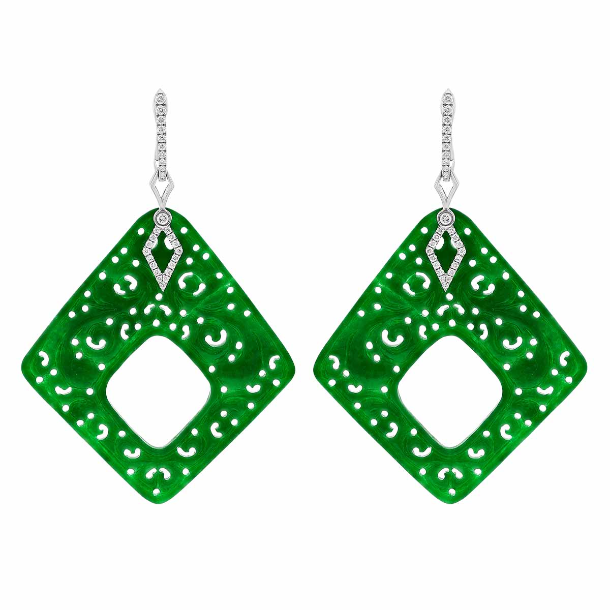 Frederic Sage Green Jade & Diamond Rhombus Drop Earrings in White Gold