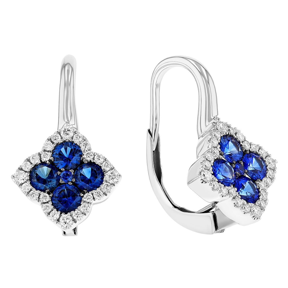 Frederic Sage Sapphire & Diamond Halo 4 Petal Dangle Earrings in White Gold