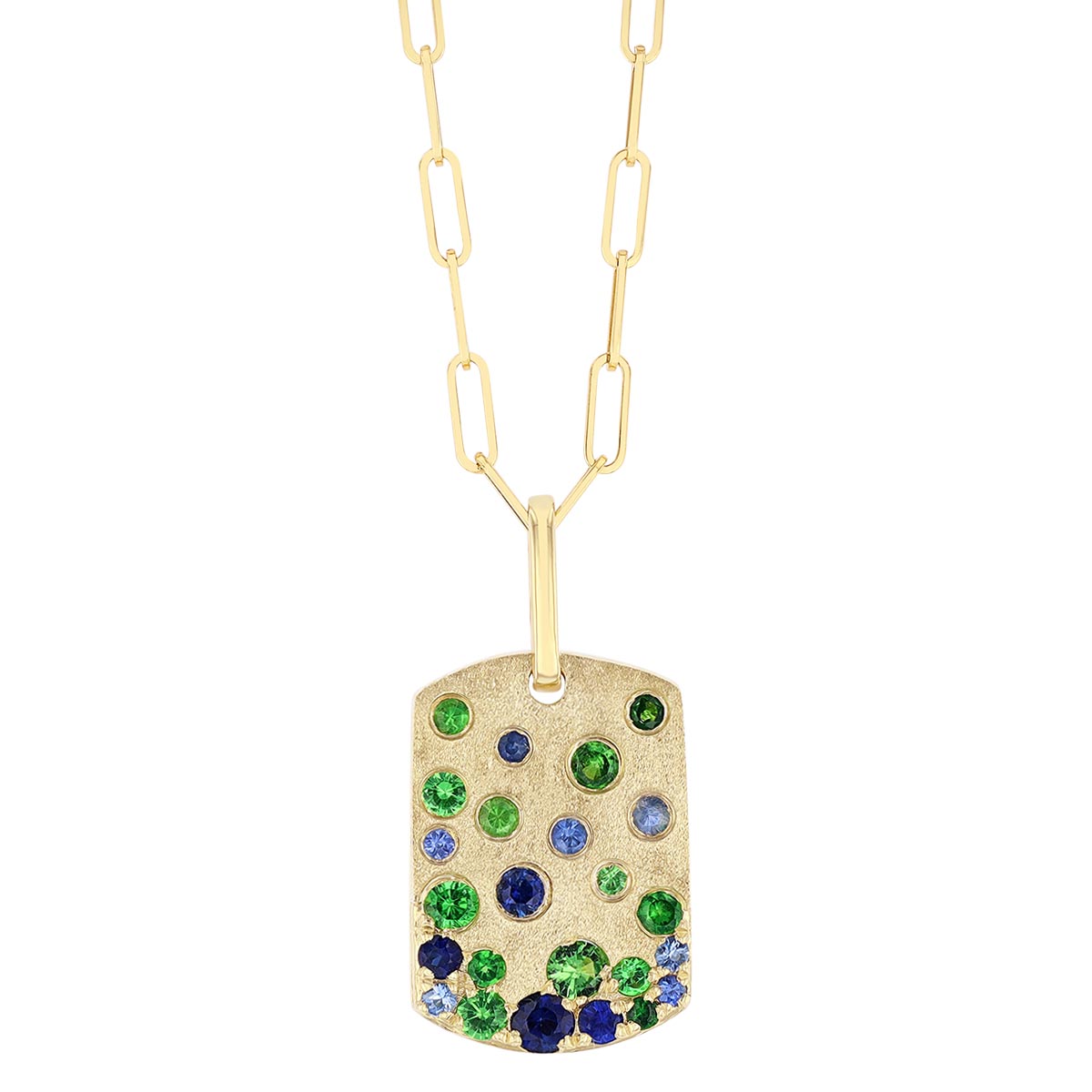 Sapphire & Tsavorite Flush Set Dog Tag Pendant in Yellow Gold, 18