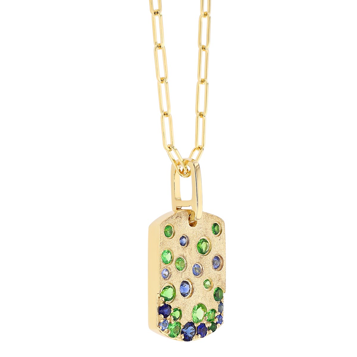 Sapphire & Tsavorite Flush Set Dog Tag Pendant in Yellow Gold, 18