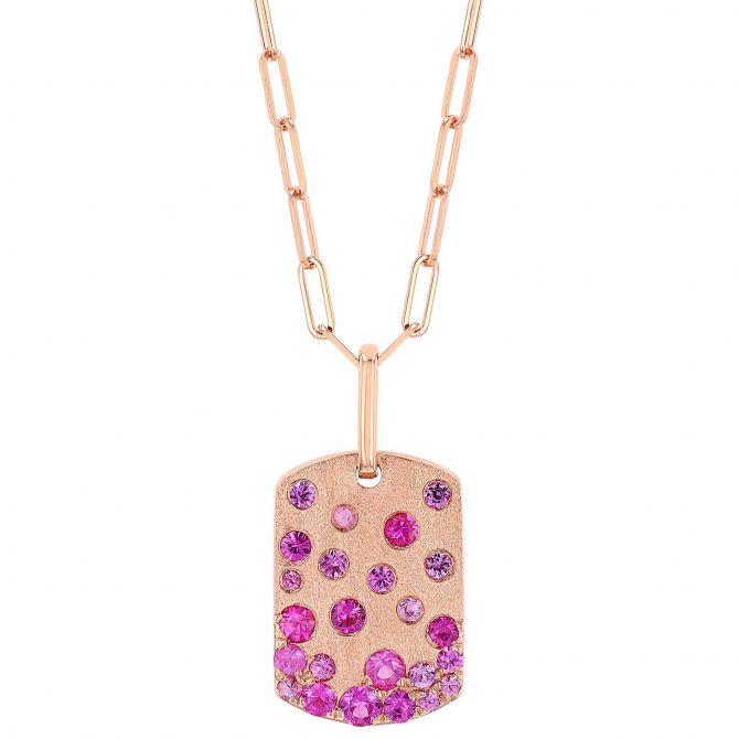 Flush Set Pink Sapphire Scatter Dog Tag Pendant in Rose Gold, 18"