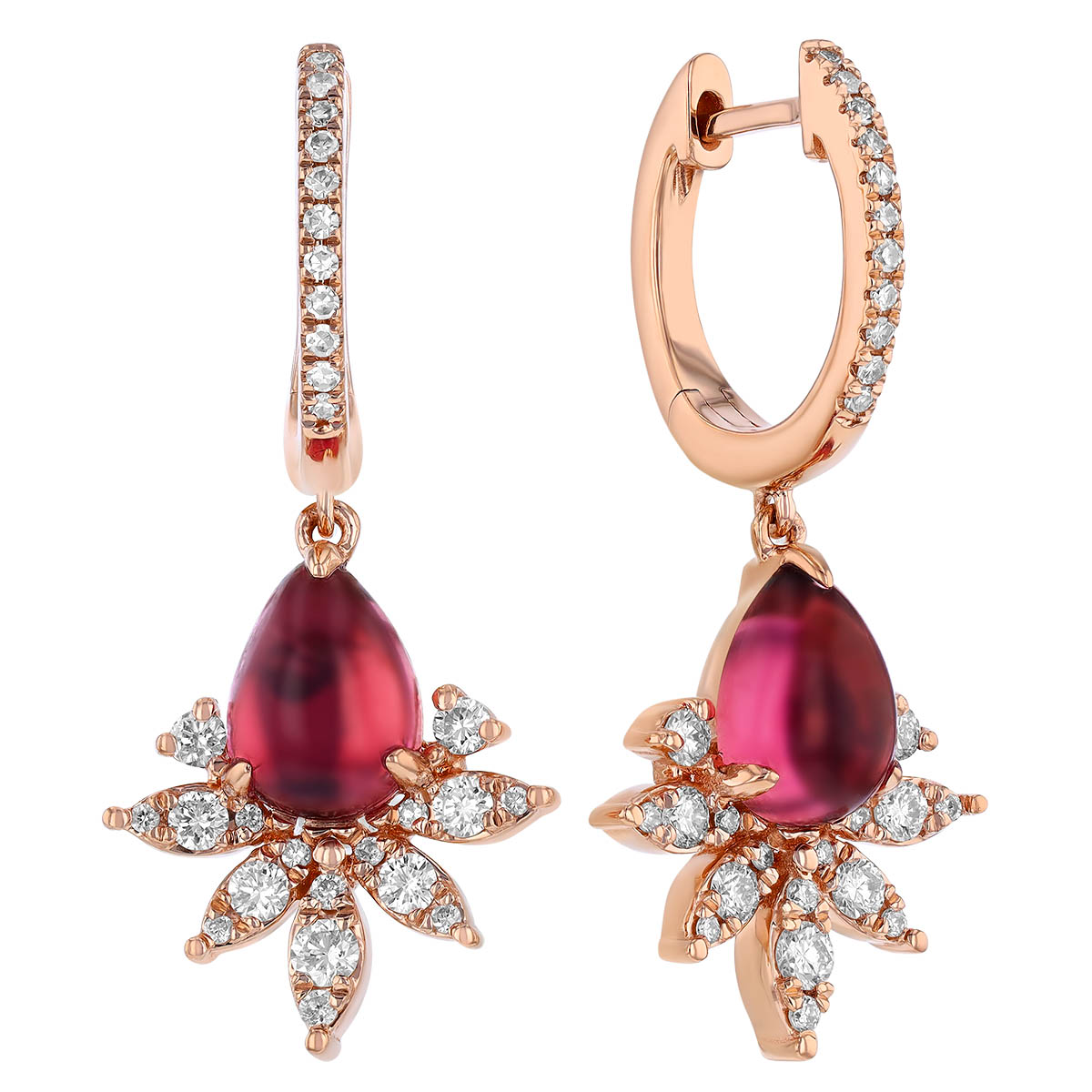 Tourmaline Cabochon & Diamond Tiara Dangle Huggie Earrings in Rose Gold