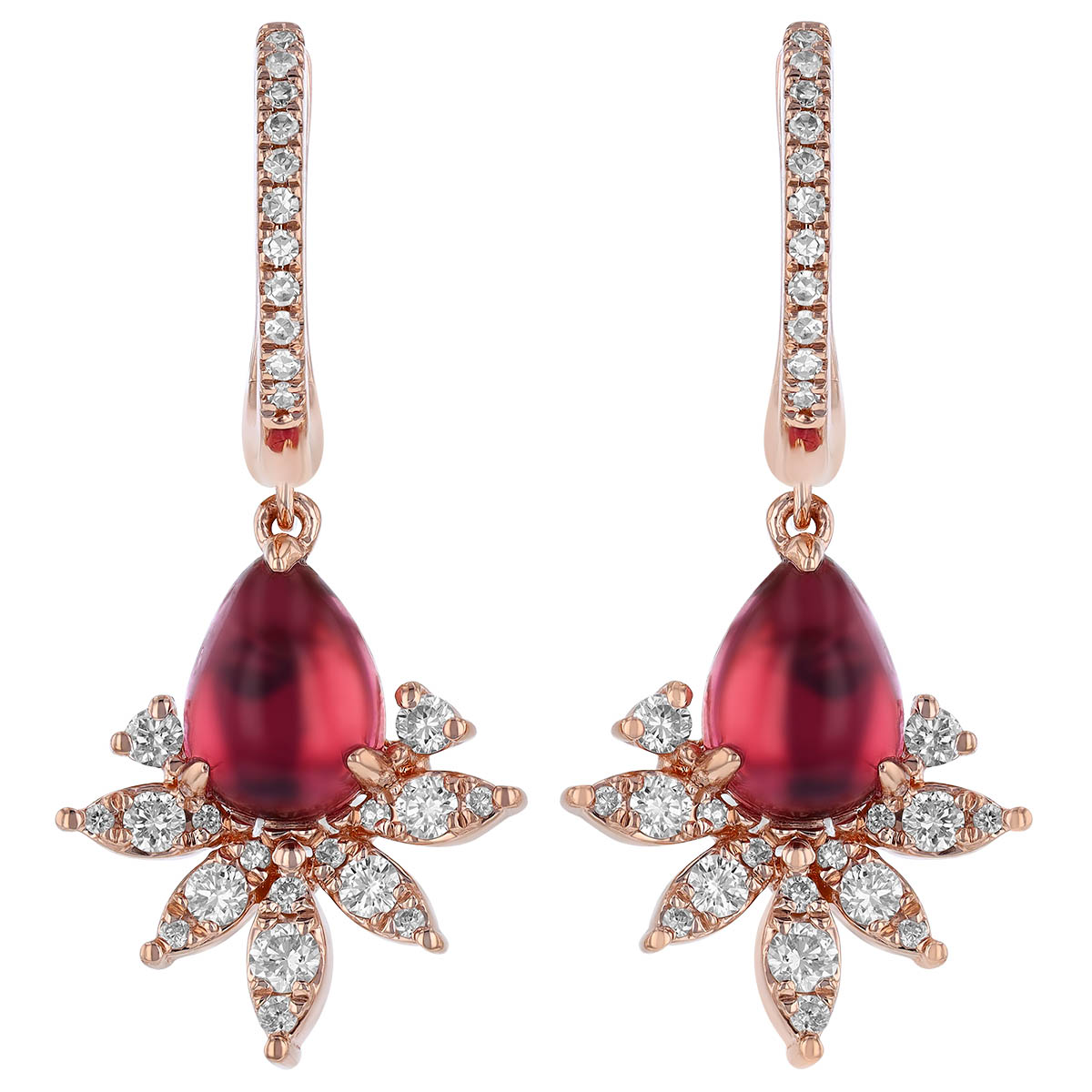 Tourmaline Cabochon & Diamond Tiara Dangle Huggie Earrings in Rose Gold