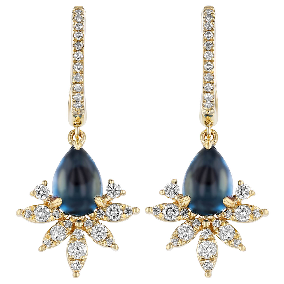 Blue Topaz Cabochon & Diamond Dangle Huggie Earrings in Yellow Gold