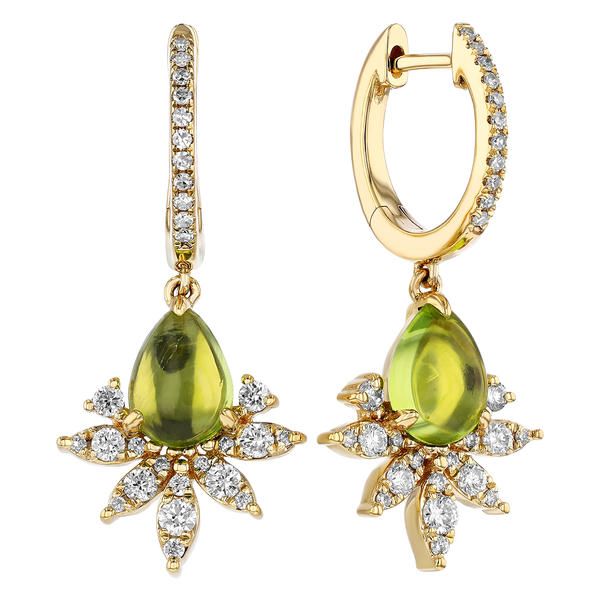 Pear Shaped Cabochon Peridot & Diamond Crown Dangle Hoop Earrings in Yellow Gold