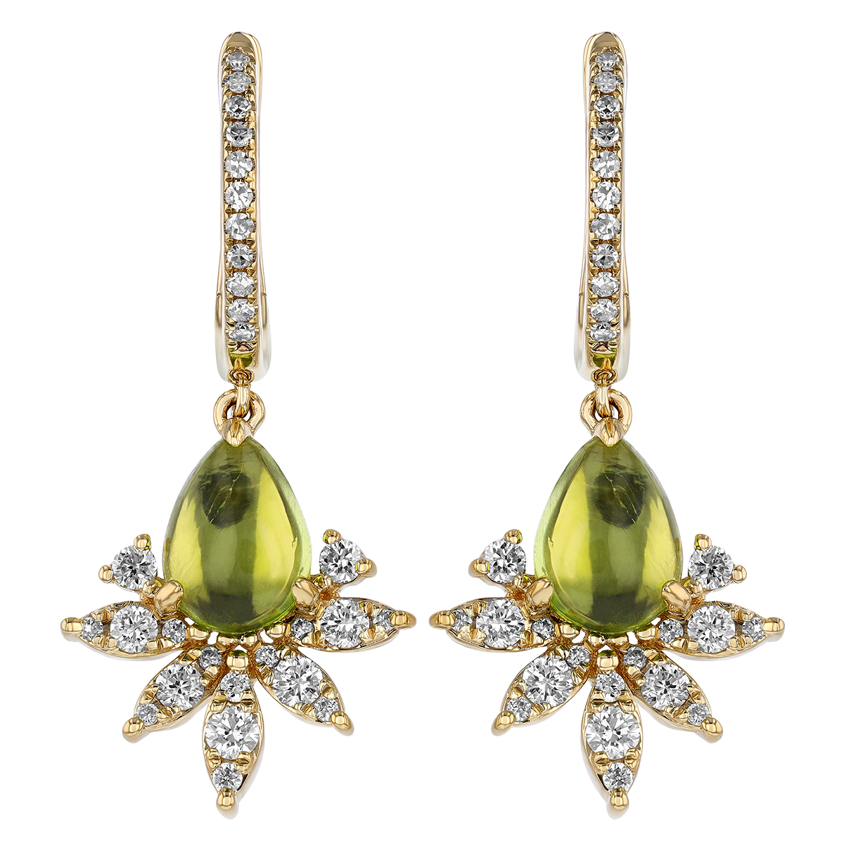 Pear Shaped Cabochon Peridot & Diamond Crown Dangle Hoop Earrings in Yellow Gold