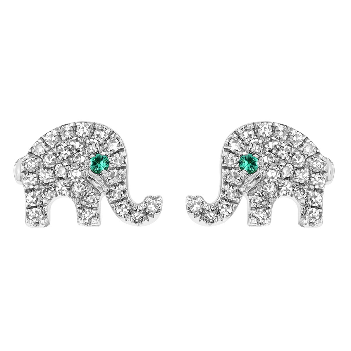 Diamond Pavé & Emerald Elephant Stud Earrings in White Gold