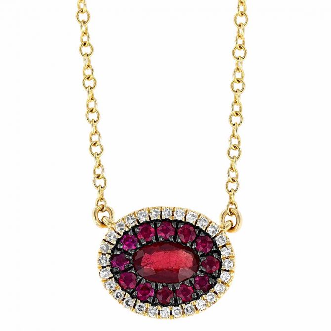 Oval Ruby & Diamond Halo Pendant in Yellow Gold, 18"
