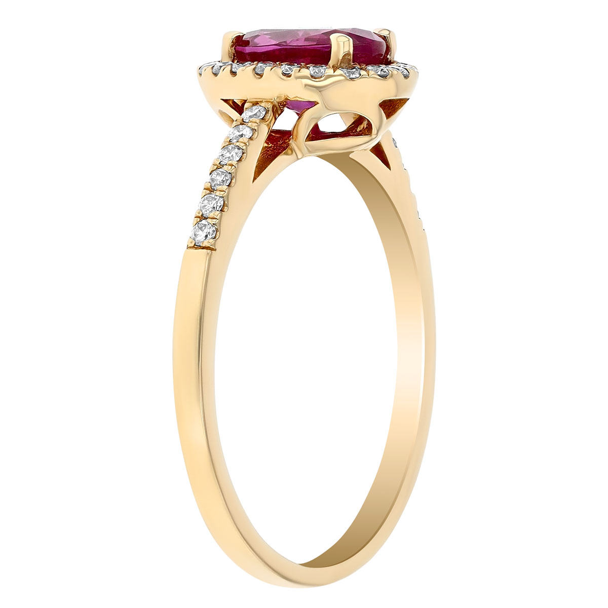 Oval Ruby & Diamond Halo Ring in Yellow Gold