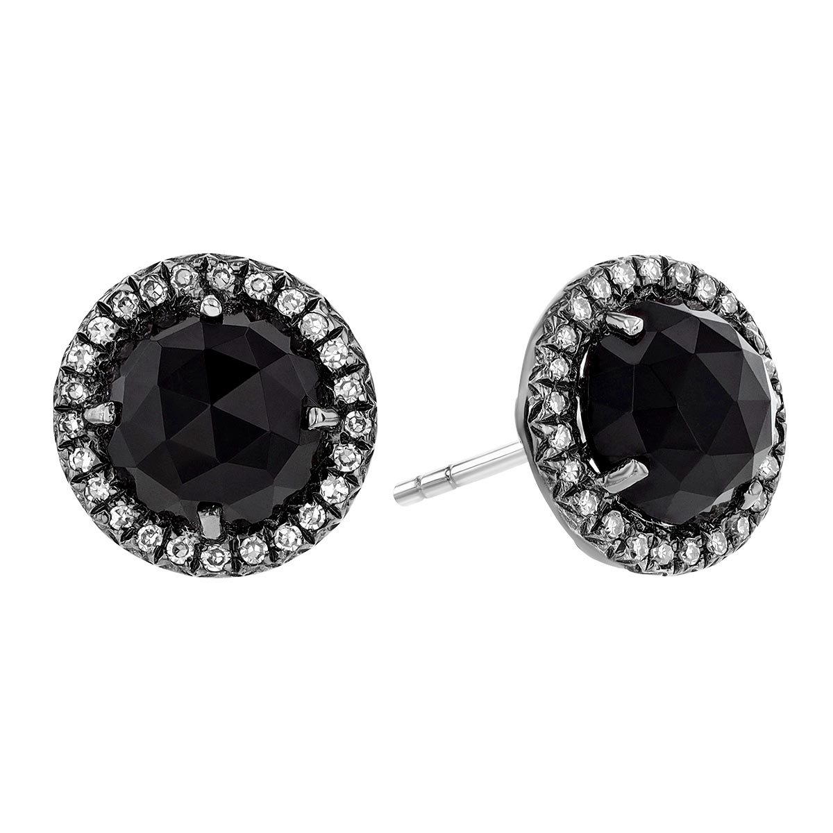 Round Checkerboard Black Onyx Chalcedony & Diamond Halo Stud Earrings in White Gold & Black Rhodium