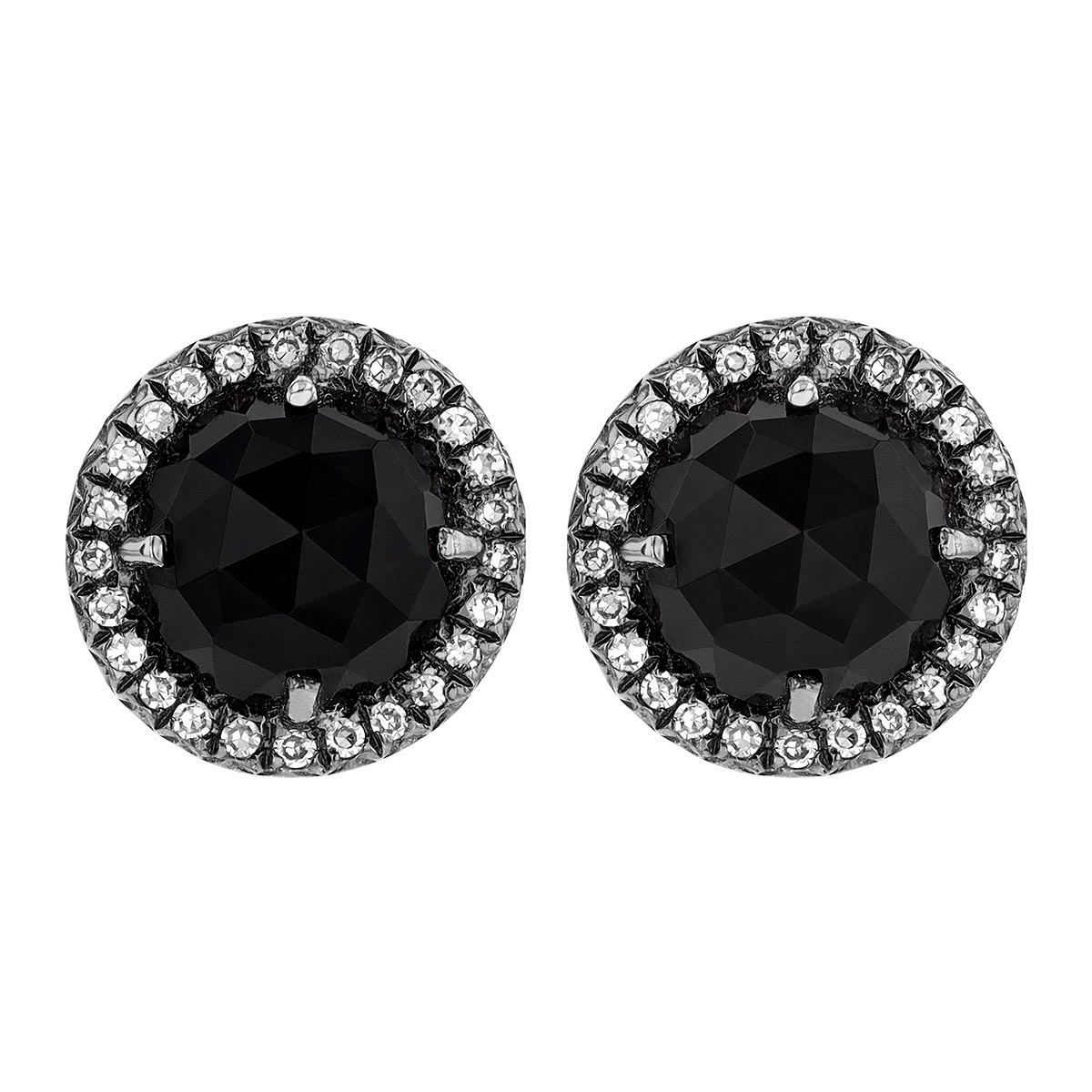 Round Checkerboard Black Onyx Chalcedony & Diamond Halo Stud Earrings in White Gold & Black Rhodium