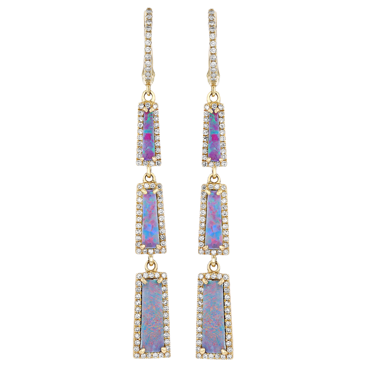 Black Opal & Diamond Halo Rectangular Trio Dangle Hoop Earrings in Yellow Gold
