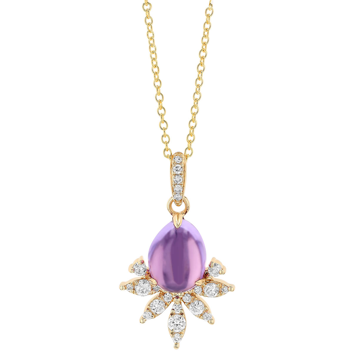 Pear Shaped Cabochon Amethyst & Diamond Crown Pendant in Yellow Gold, 18